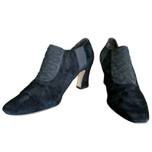 Divine Women's Vintage Black Spool 3" Heels Booties Genuine Leather Pumps 8.5